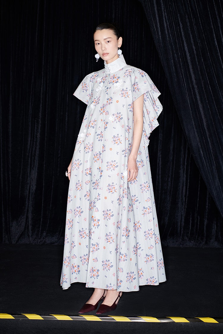 M essential Mackay designer Jinghe Printing floral nail bead puff sleeve dress - HAPPY.