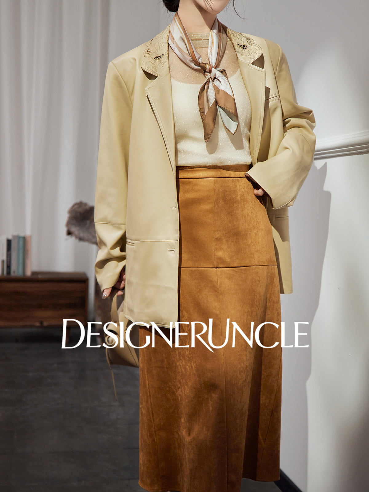 DGU|Beige jacket design sense niche temperament simple loose lapel cropped top - Stephania.
