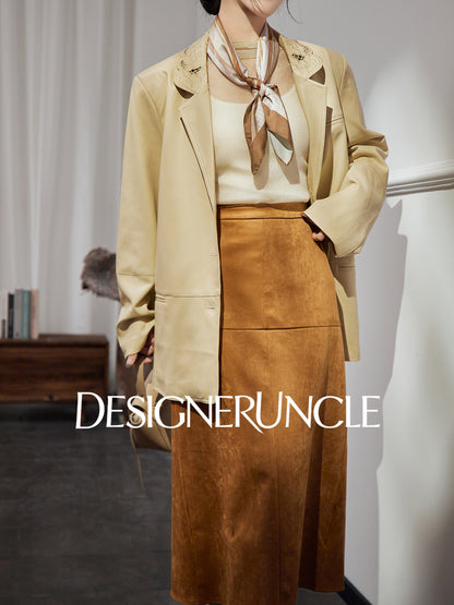 DGU|Beige jacket design sense niche temperament simple loose lapel cropped top - Stephania.
