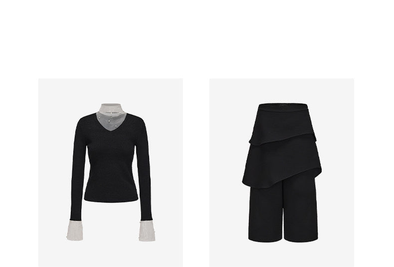 ATELIER MISS LU Pearl Embellished Gauze Patchwork Knit Top - MATT