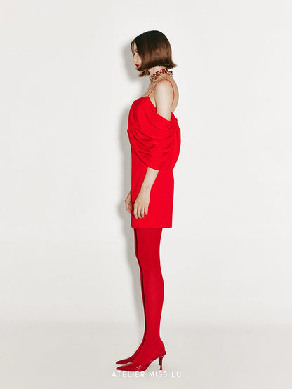 ATELIER MISS LU Irregular Draped Off-the-shoulder Slip Dress - MAGNIFY
