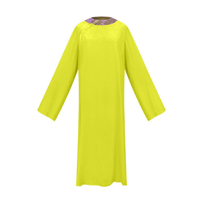 TUYUE Willow Yellow Satin Woven × Silk Velvet H-Shaped Slit Dress- FRANKLIN.