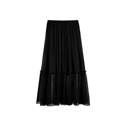 NOTHING WRITTEN fixed spinning silk micro sheer mesh elastic waist long skirt-HAZEL.