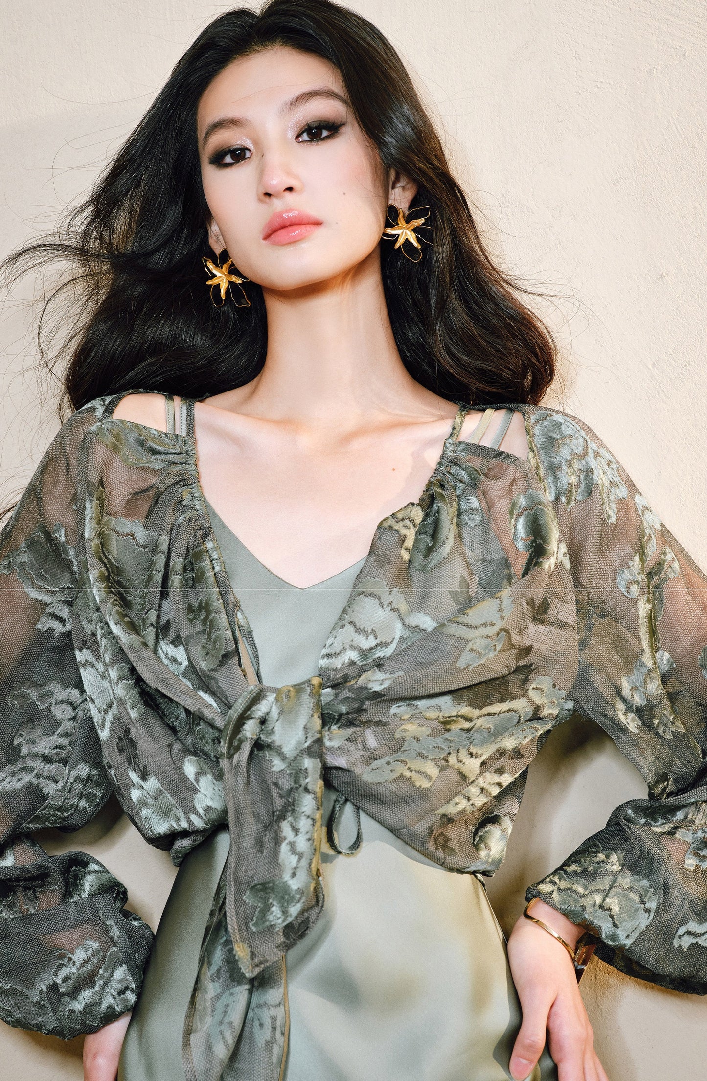 WANGXO Devoré Lace Light and Shadow Heavy Industry Bias French Cardigan & Satin Sundress Set - ESMEE