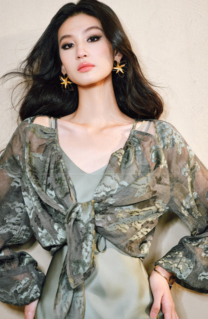 WANGXO Devoré Lace Light and Shadow Heavy Industry Bias French Cardigan & Satin Sundress Set - ESMEE