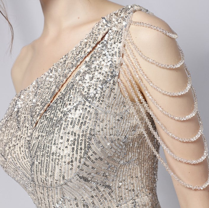 DOLLY Elegant Slant Collar Sleeveless Splice Sequin Slim Fit Dinner Guest Dress-NANA