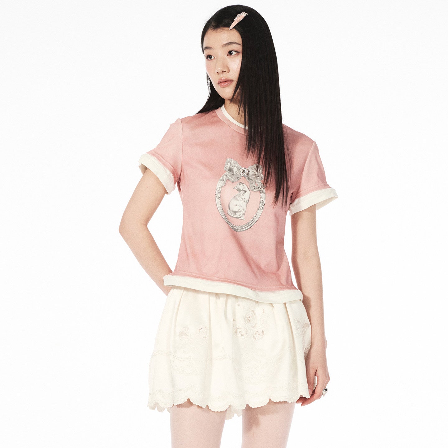 FAME crew neck faux two-piece cat print short-sleeved T-shirt - ALAN
