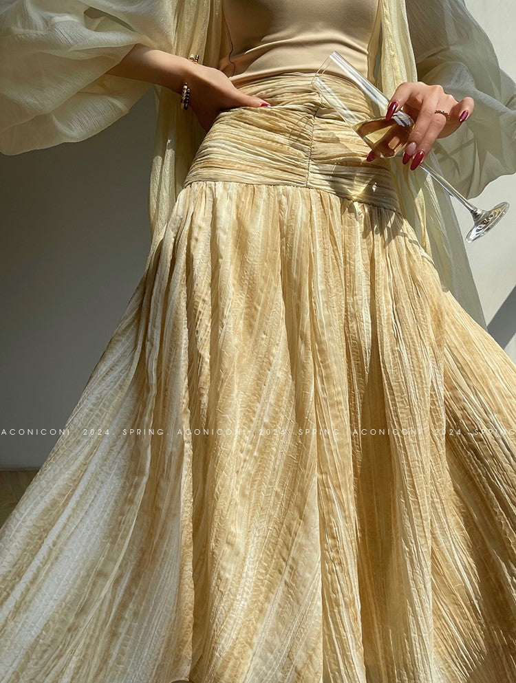 Aconiconi Elegant Wave Pattern Long Sleeve Loose Wedding Guest Dress- Dune