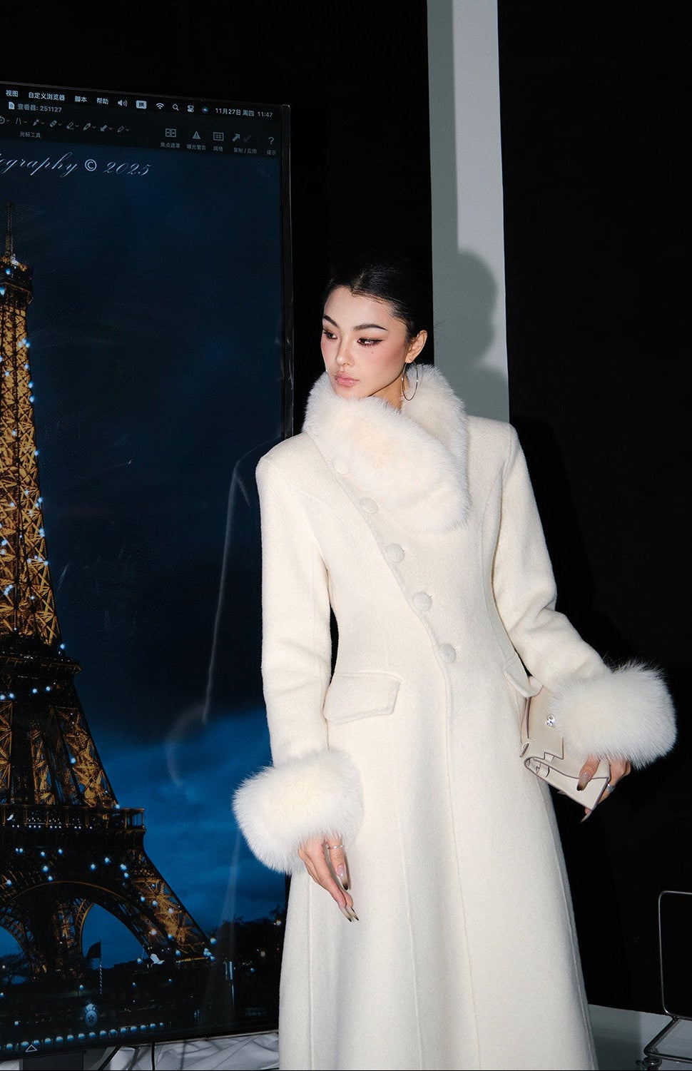 MEI SANGUAN alpaca fox fur collar woolen sleeve coat - ARIA