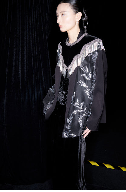 M essential Mackay designer silk-velvet crewneck tassel cape blazer dress set-  Benny.