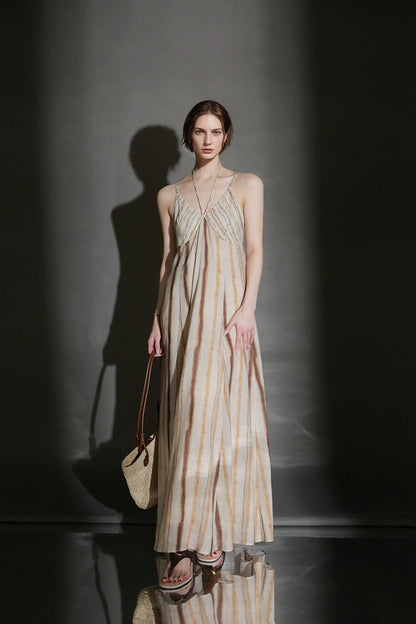 PIAOIN resort-style vertical stripe design sundress women's halterneck design cinched waist dress -GISELLE