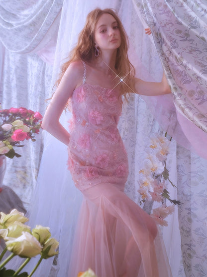 Wardrobes by Chen High End Pink Sleeveless Flower applique Sequin Dress-Bena