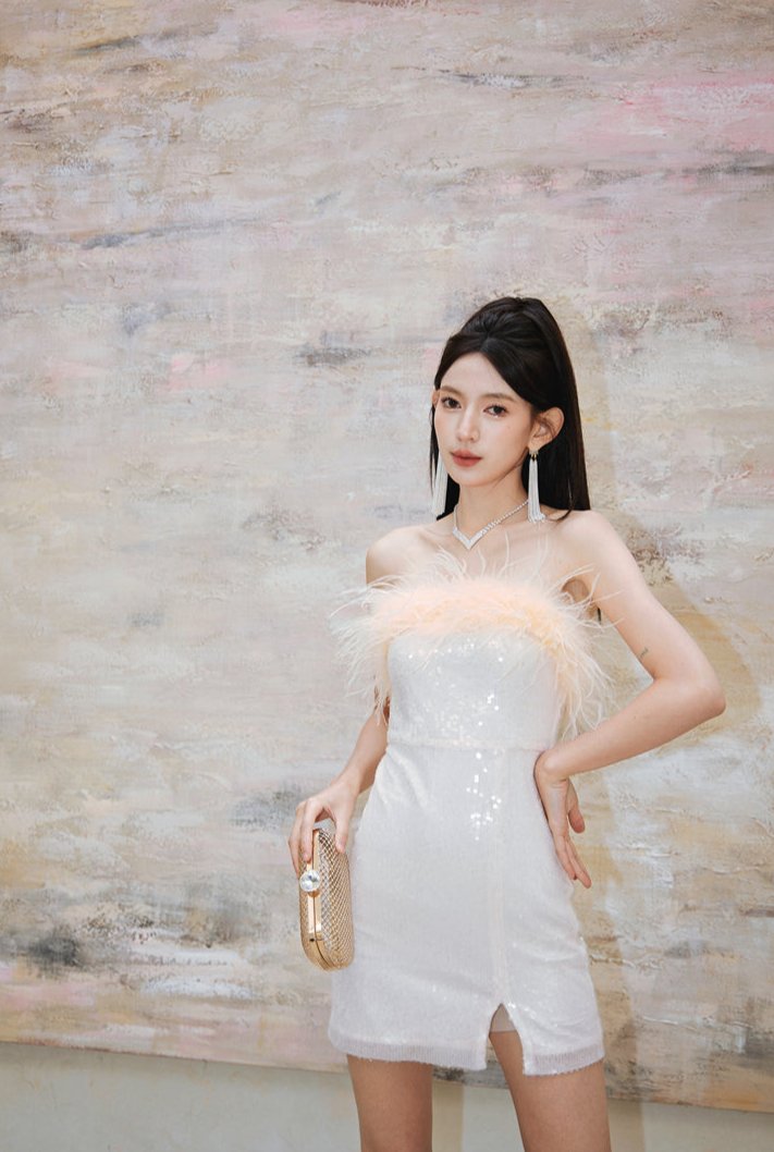 DOLLY High End Off White Feather Tube Top Sequin Short Slit Party Dress-PANTI