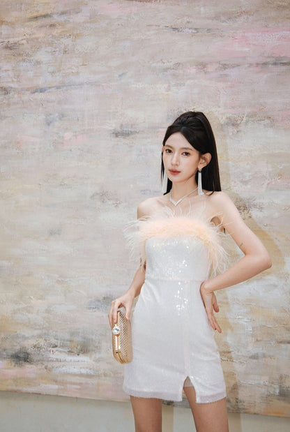 DOLLY High End Off White Feather Tube Top Sequin Short Slit Party Dress-PANTI