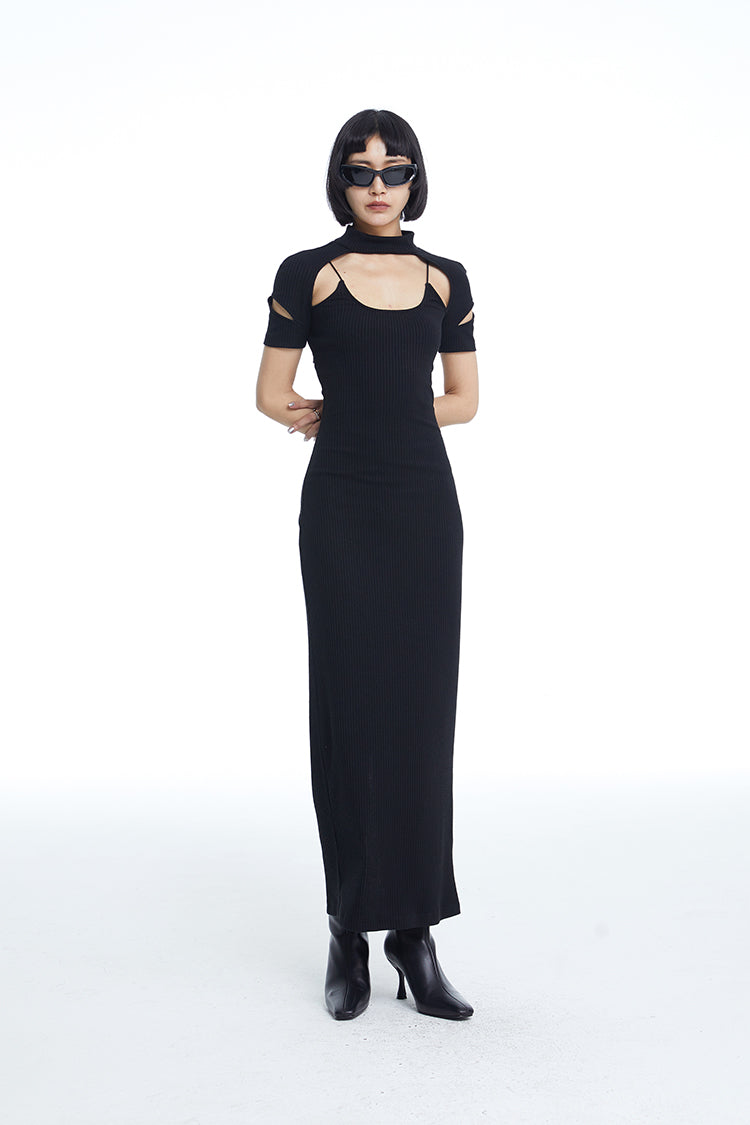 TINY IN fake two-piece deconstructed knitted back slit midi black dress -PUPIN