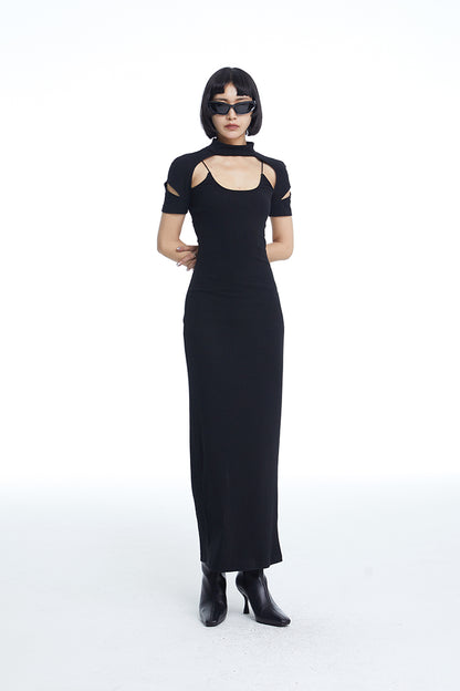 TINY IN fake two-piece deconstructed knitted back slit midi black dress -PUPIN