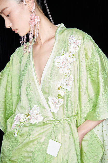 M essential Mackay designer green embroidered fabric magnolia beaded cardigan robe - RUTH.