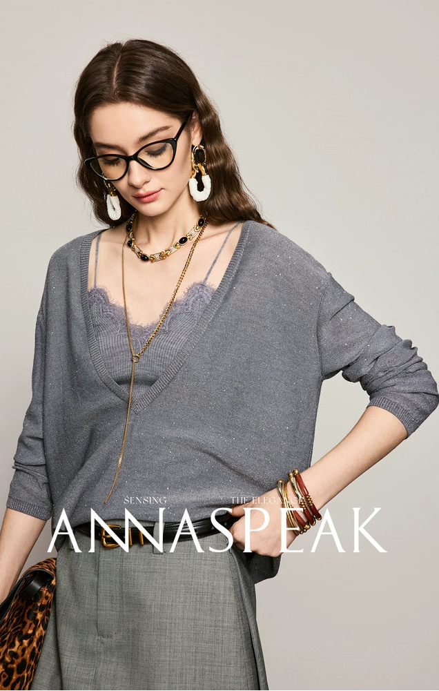 ANNASPEAK wool bead piece V-neck knit-SACE.