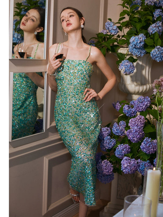 Wardrobes by Chen Elegant Green Sequin Diamond Maxi cocktail Dress-Willow