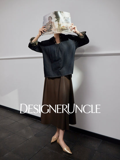 DGU "Fog Shadow" Denim New Retro Velvet Loose Slimming Commuter Top - SENT.