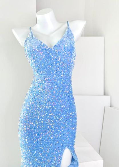 DOLLY Luxury Blue Deep V-Neck Sleeveless Long Fish Tail Sequin Cocktail Dress-AROURA