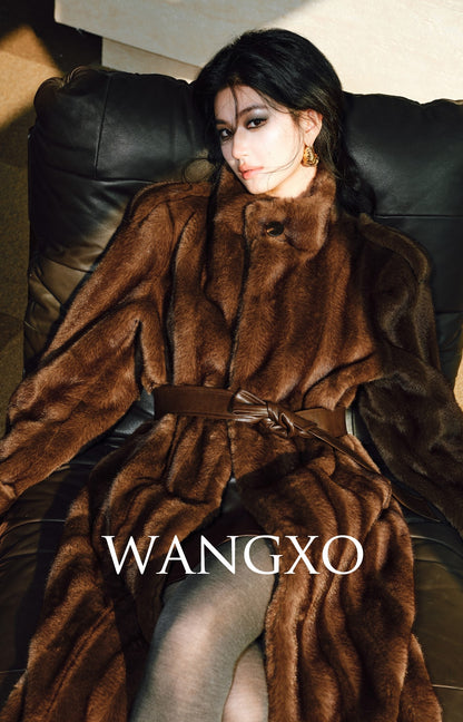 WANGXO | Tibetan Pas-Striped Mink Texture Belted Fur Coat -YUNI.