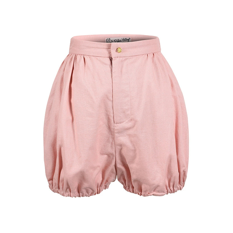 Le Palais Vintage  Gold Cotton Linen Pink Puff Sleeve Shirt + Shorts-ASA.