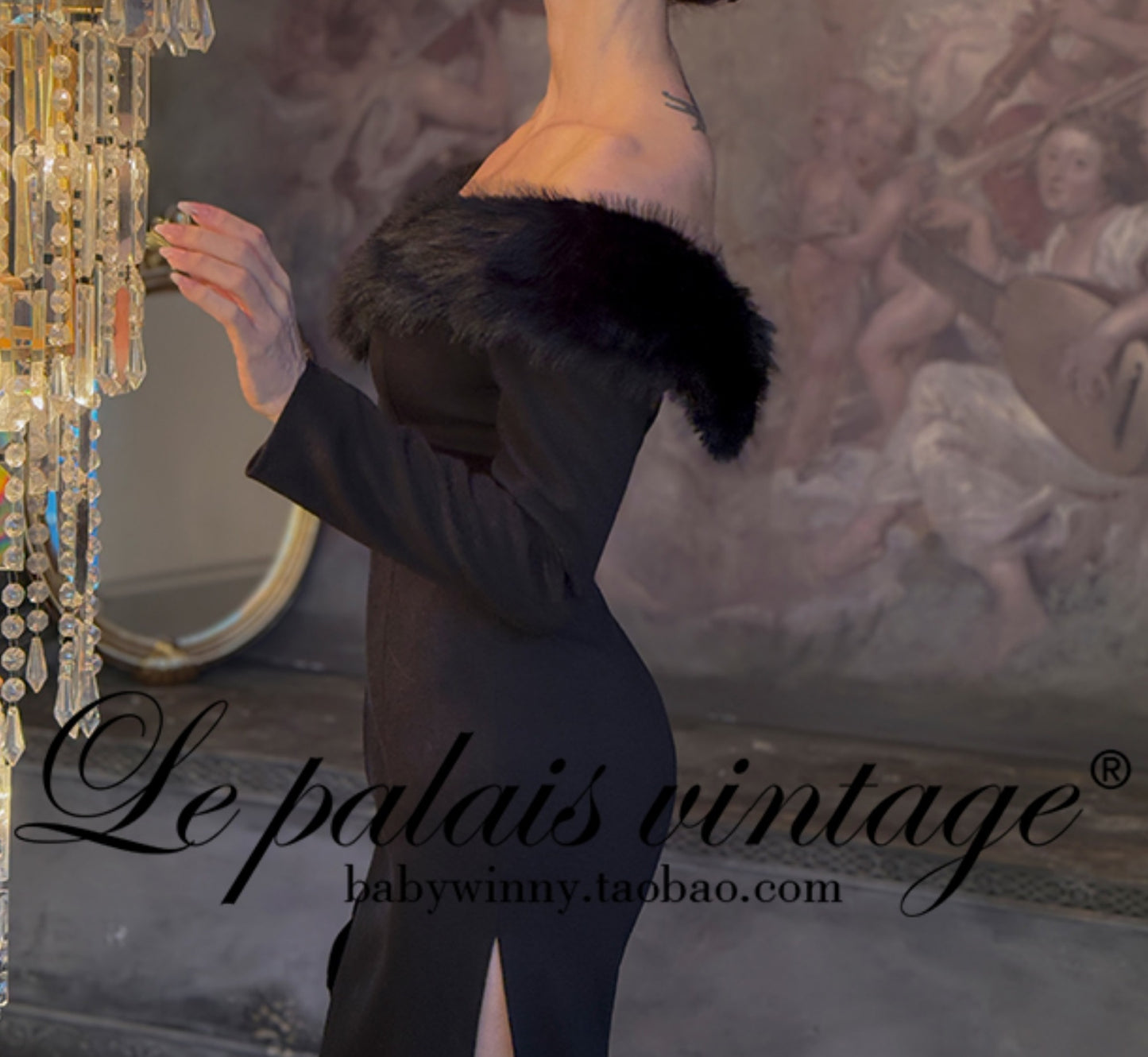 Le Palais Vintage  Elegant Black Fur Collar Off-the-shoulder Little Black Dress-MEE.