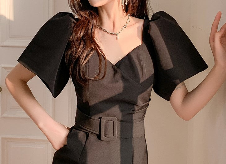 DOLLY Luxury Black Retro V-Neck Short Puff Sleeve Midi Luncheon Dress-SUSU