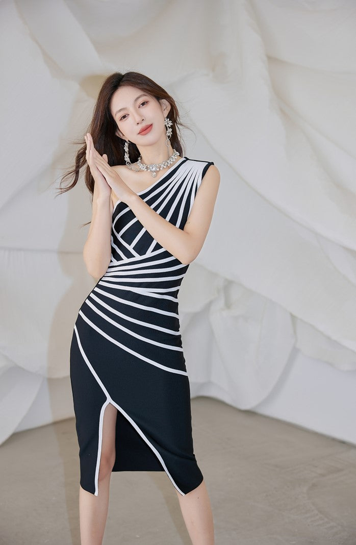 DOLLY Elegant One Shoulder Sleeveless Stripped Slim Fit Slit Dinner Dress-ZEN