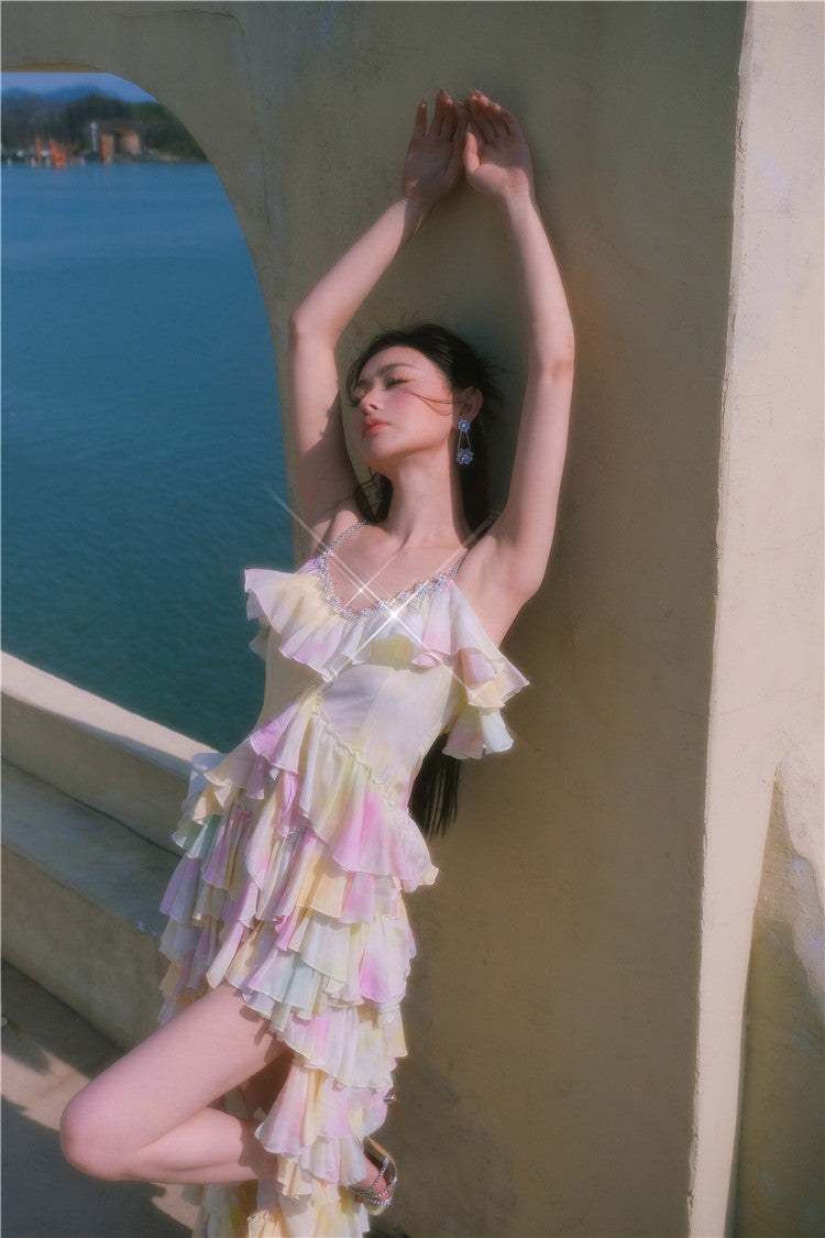 Wardrobes by Chen Elegant Sleeveless high low layered Long Multi Color Dress-Gainn