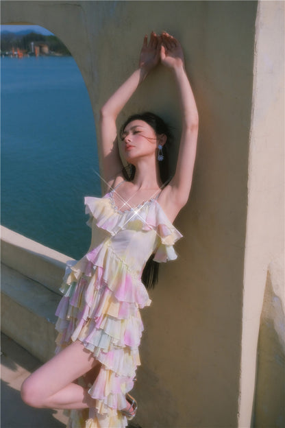 Wardrobes by Chen Elegant Sleeveless high low layered Long Multi Color Dress-Gainn