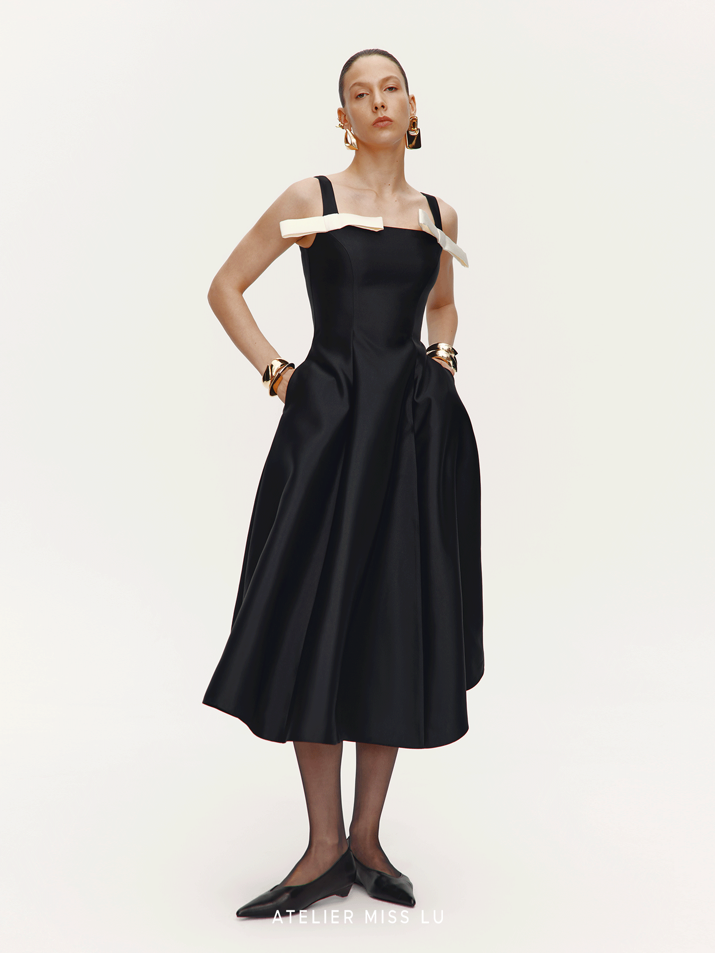 ATELIER MISS LU  Contrasting Bow Splicing Dress Long Skirt - MARTA.