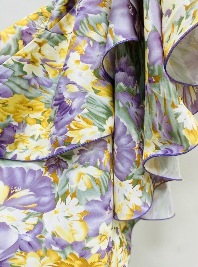 DOLLY Elegant Slant Collar Long Puff Sleeve Hollow Irregular Ruffled Hem Dress-KIERA