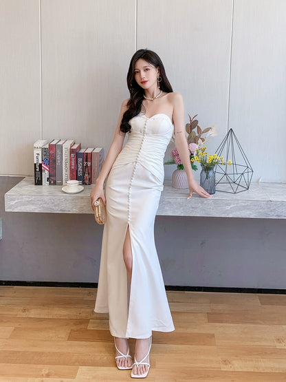 DOLLY Elegant Retro Style Sleeveless Off Shoulder Chest Wrap Long Fish Tail Dress-POW