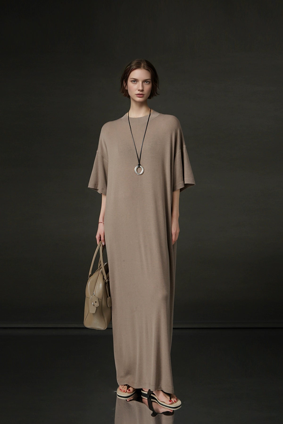 PIAOIN minimalist style nude tencel wool t-shirt skirt versatile dress -LYDIA