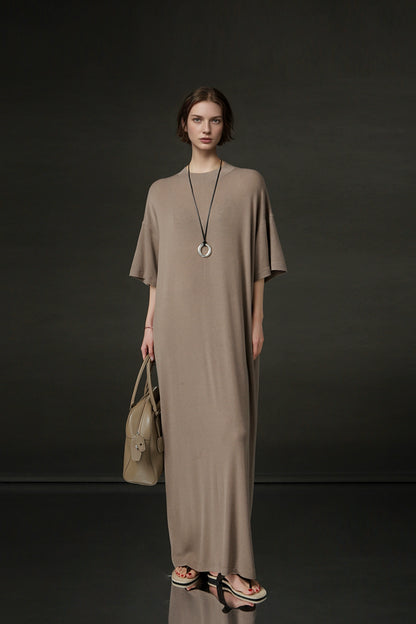 PIAOIN minimalist style nude tencel wool t-shirt skirt versatile dress -LYDIA