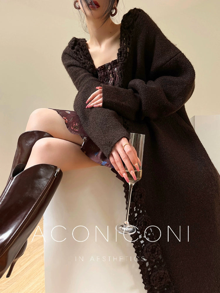Aconiconi Luxury Loose V-Neck Long Sleeve Crochet Sweater - Camellia in the Fields