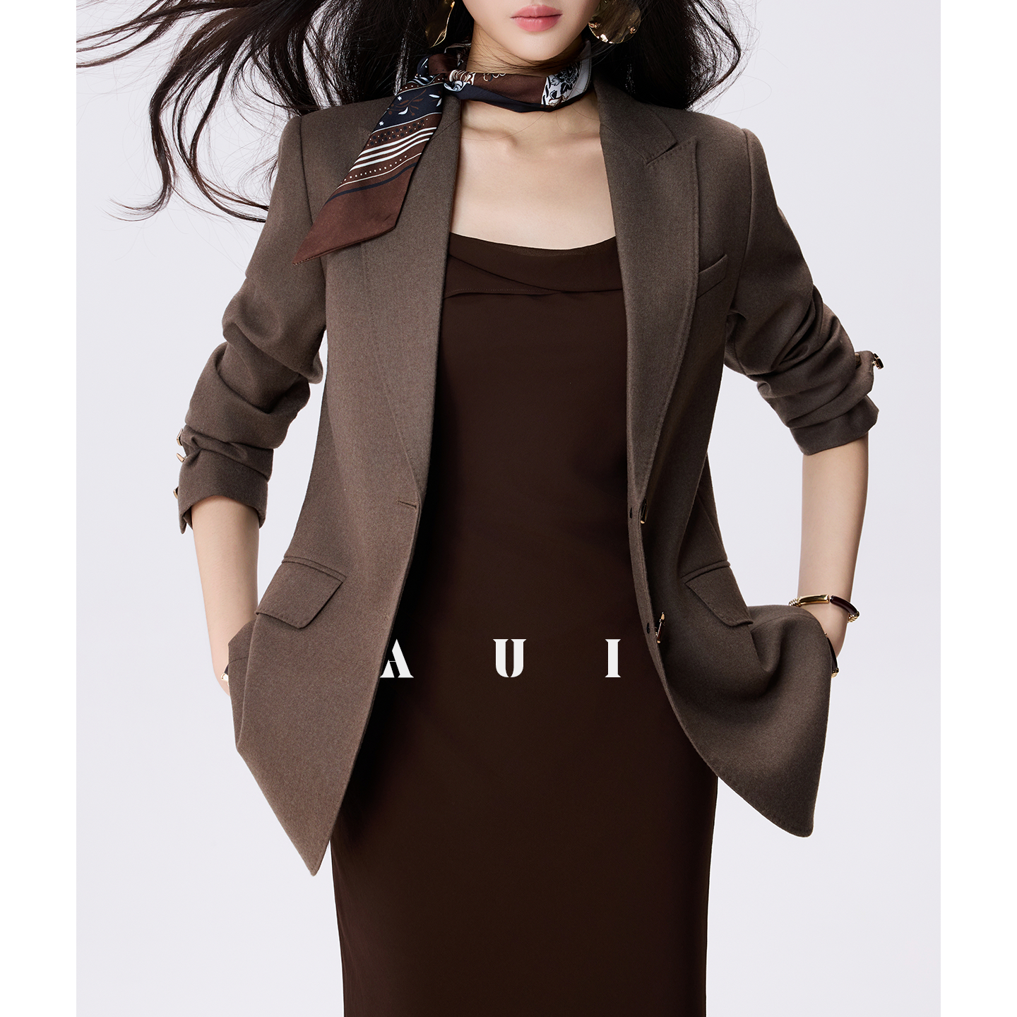 AUI Mocha Mousse Coffee Color Slip Temperament Slim Hip Dress -  A-Yeong