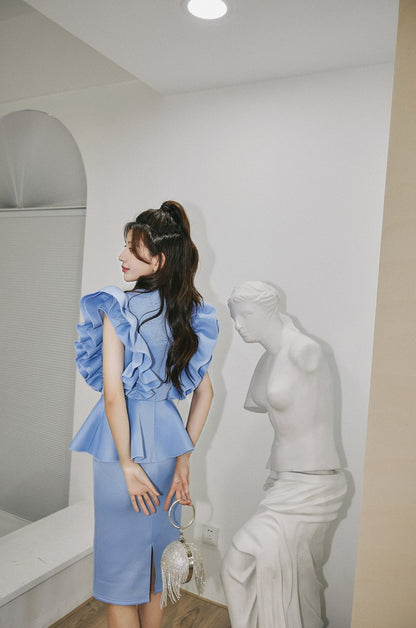 DOLLY High End Blue Crew Nek Ruffled Flying Sleeve Midi Office Dress-BELLONA