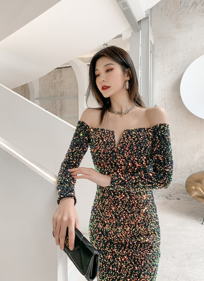 DOLLY High End Sequin Off Shoulder Long Sleeve Slim Fit Long Fish Tail Evening Dress-KASSIE