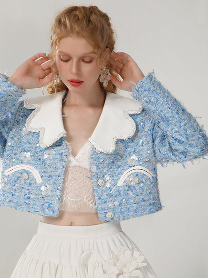 CHECOCRE Stylish Fashion Temperament Sleeve Small Fragrance Blue Jacket - INDIGO