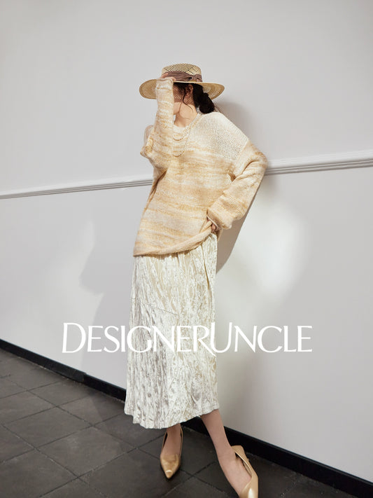 DGU|Orange and yellow sweater women's new soft waxy crew neck loose lazy design knitted top - BASE.