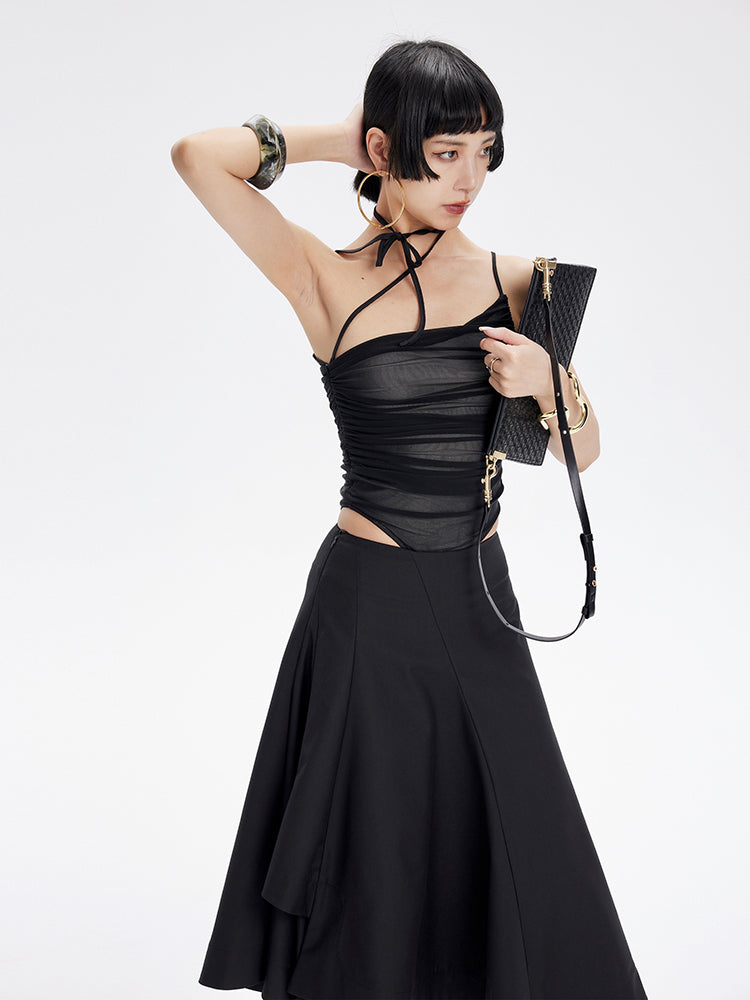 TINY IN Contrast double mesh ruffled suspender black bodysuit-UNIX