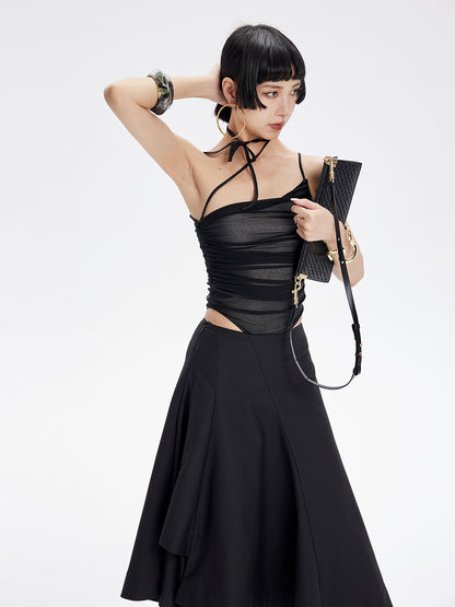 TINY IN Contrast double mesh ruffled suspender black bodysuit-UNIX