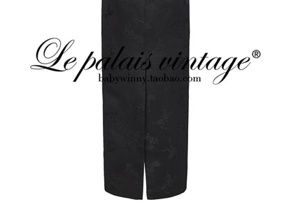 Le Palais Vintage Luxury Black Deep V-Neck Mesh Long Sleeve Top + Long Skirt-LING.
