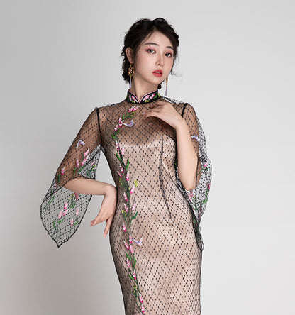 Magic Q embroidery irregular flared sleeves slit fishtail mesh dress - IsliIi