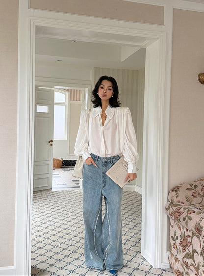 MEI SANGUAN  Embroidered Lantern Sleeve Shirt Retro Top - CARTER