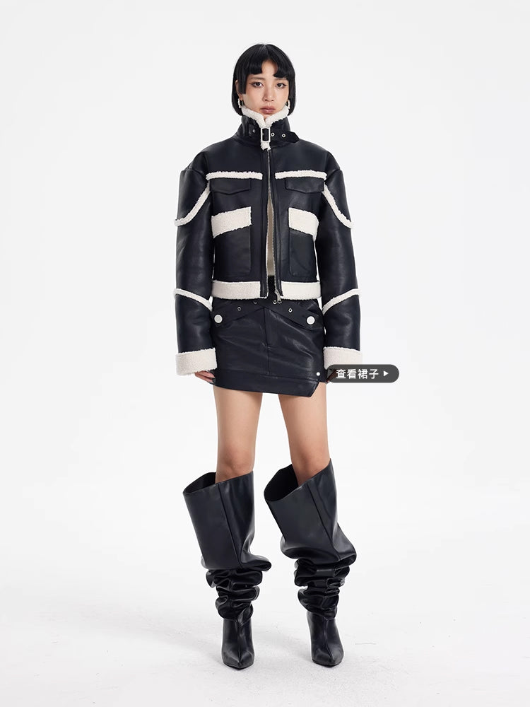 TINY IN black and white contrasting stitched fur leather biker jacket -MIKE