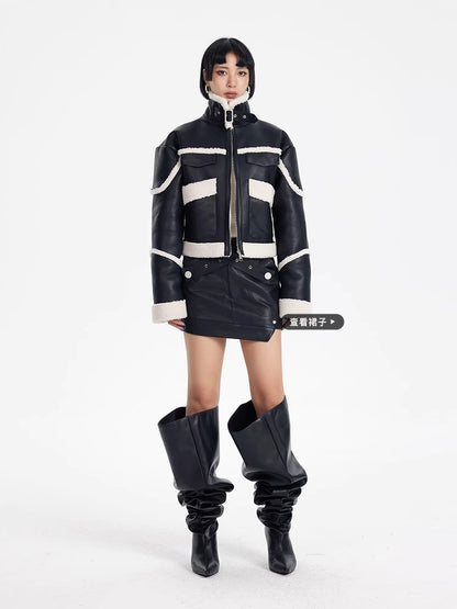 TINY IN black and white contrasting stitched fur leather biker jacket -MIKE